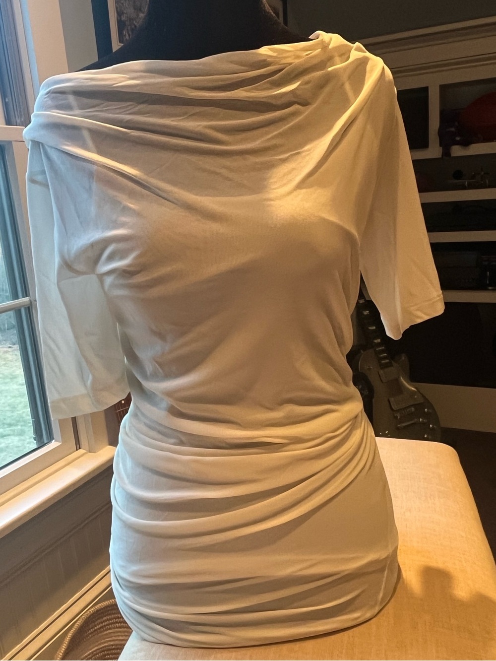 Donna Karan  Cream Draped Ruched Boatneck Jersey Top